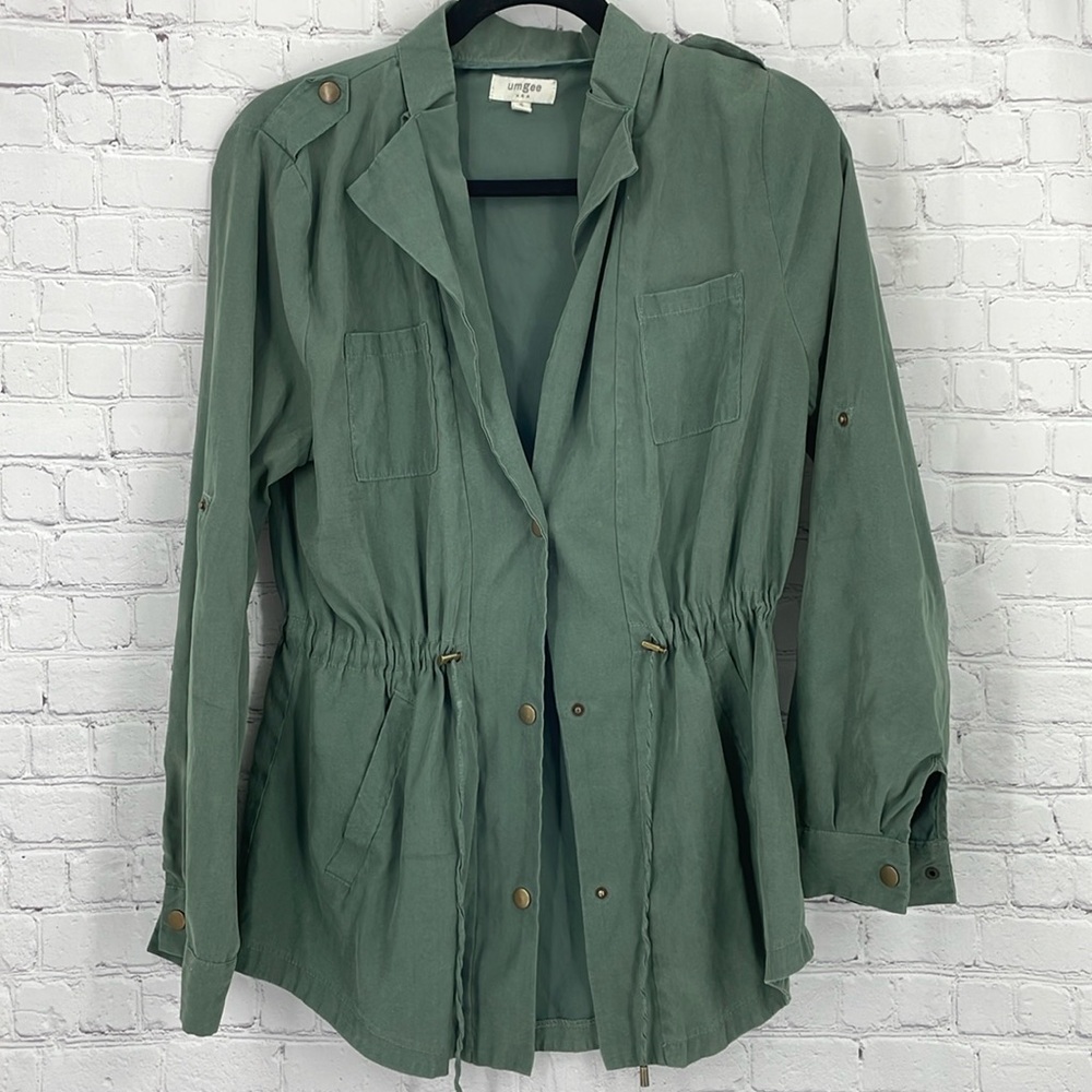 Cinched Waist Army Green Drawstring Utility Jacket Umgee Small Thin Lightweight